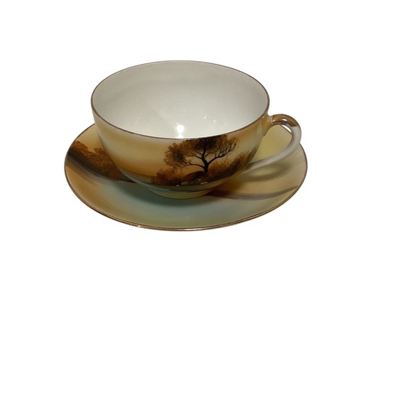 Noritake Hand Painted "‎ Tree in the Meadow" Cup Saucer Set Japan Tree Lake - Picture 1 of 9